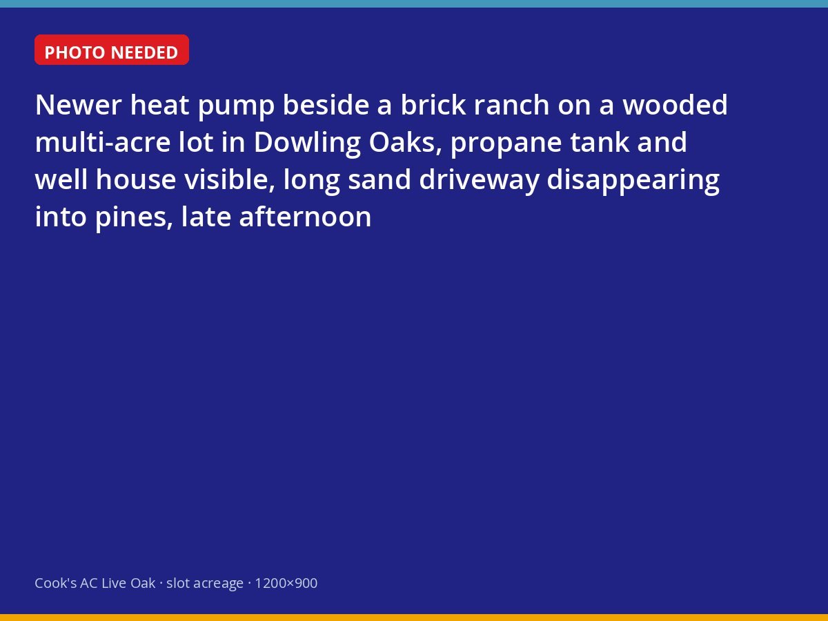 Heat pump and propane tank beside a home on a wooded acreage lot in Dowling Oaks