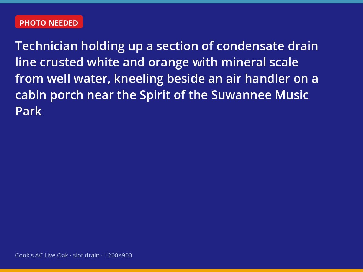 Condensate drain line clogged with mineral scale from well water at a cabin near Suwannee Springs