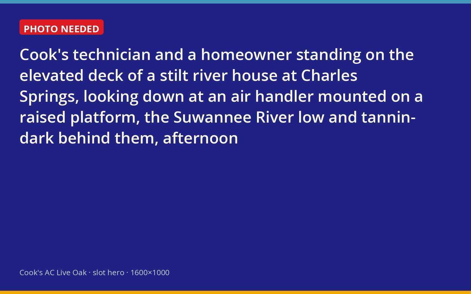 Cook's technician reviewing an elevated air handler with a homeowner at a Suwannee River stilt house