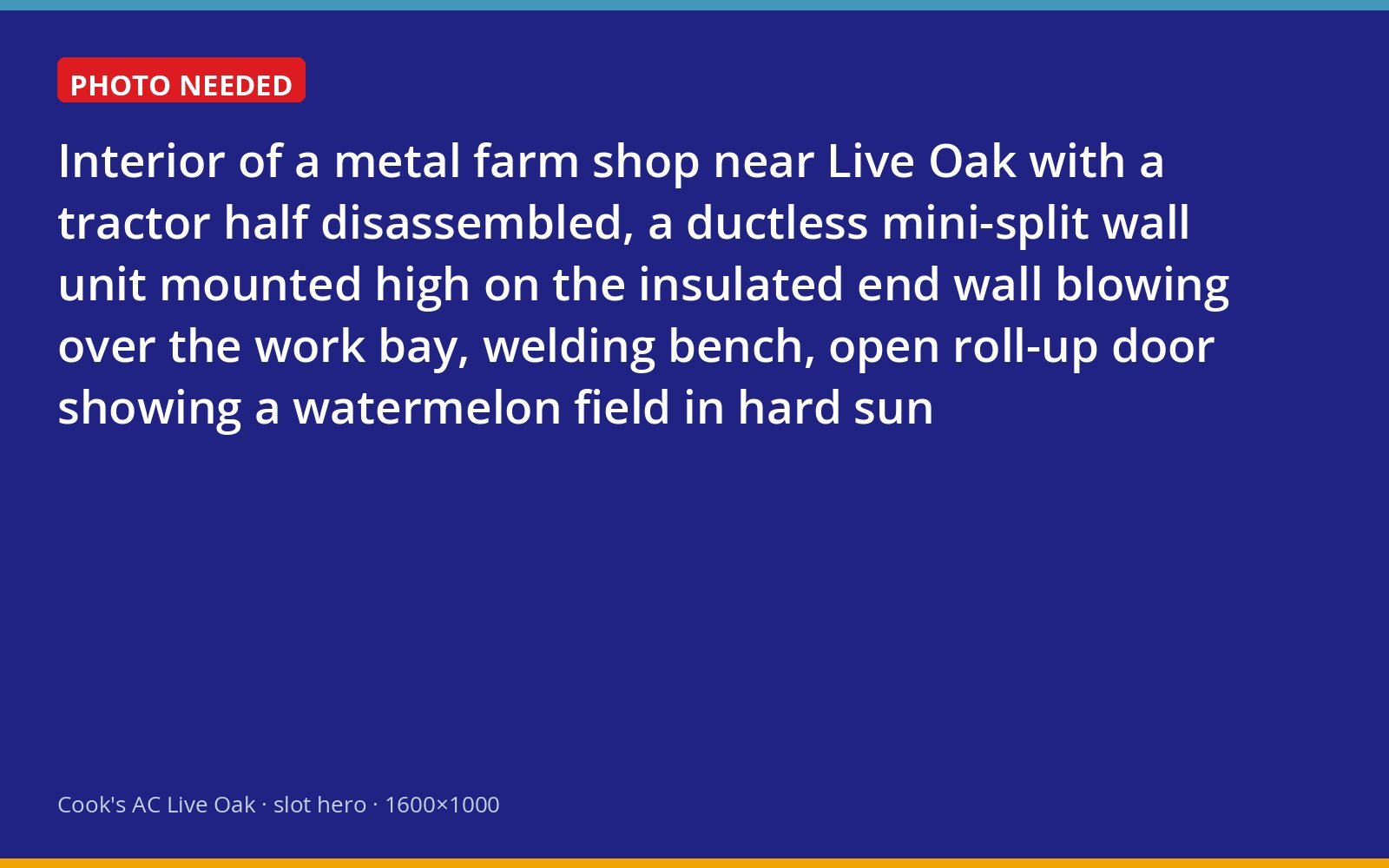 Ductless mini-split cooling a metal farm shop with a tractor under repair and a watermelon field outside