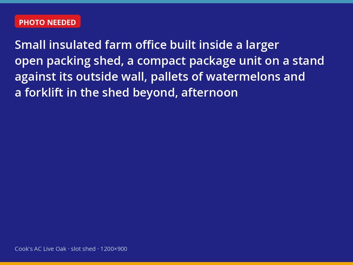 Package unit cooling a small insulated office inside a watermelon packing shed
