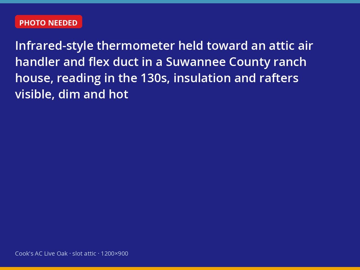 Thermometer showing attic temperature above 130 degrees beside an air handler and flex duct