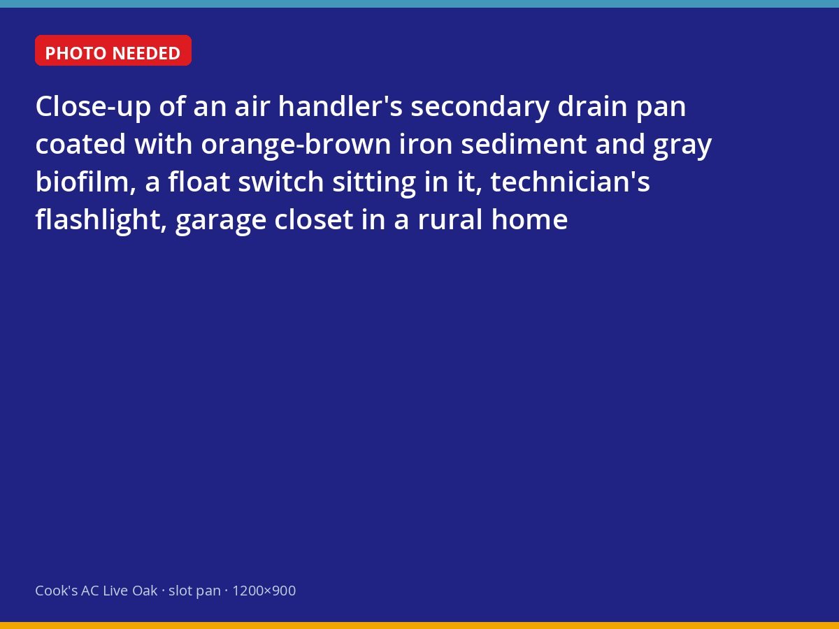 Drain pan fouled with iron sediment and biofilm beneath an air handler in a well-water home