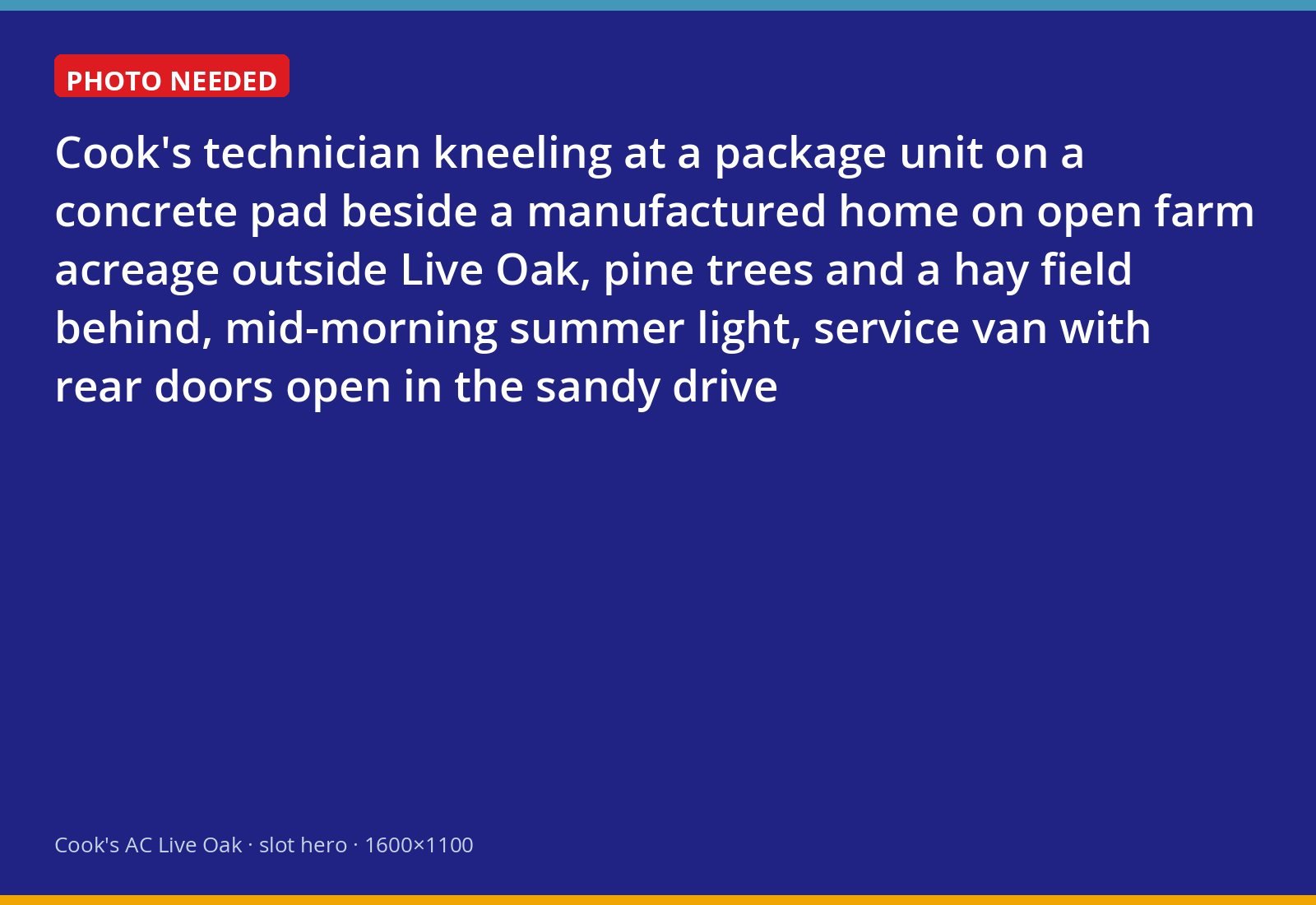 Cook's technician servicing a package air conditioning unit beside a manufactured home on rural acreage near Live Oak