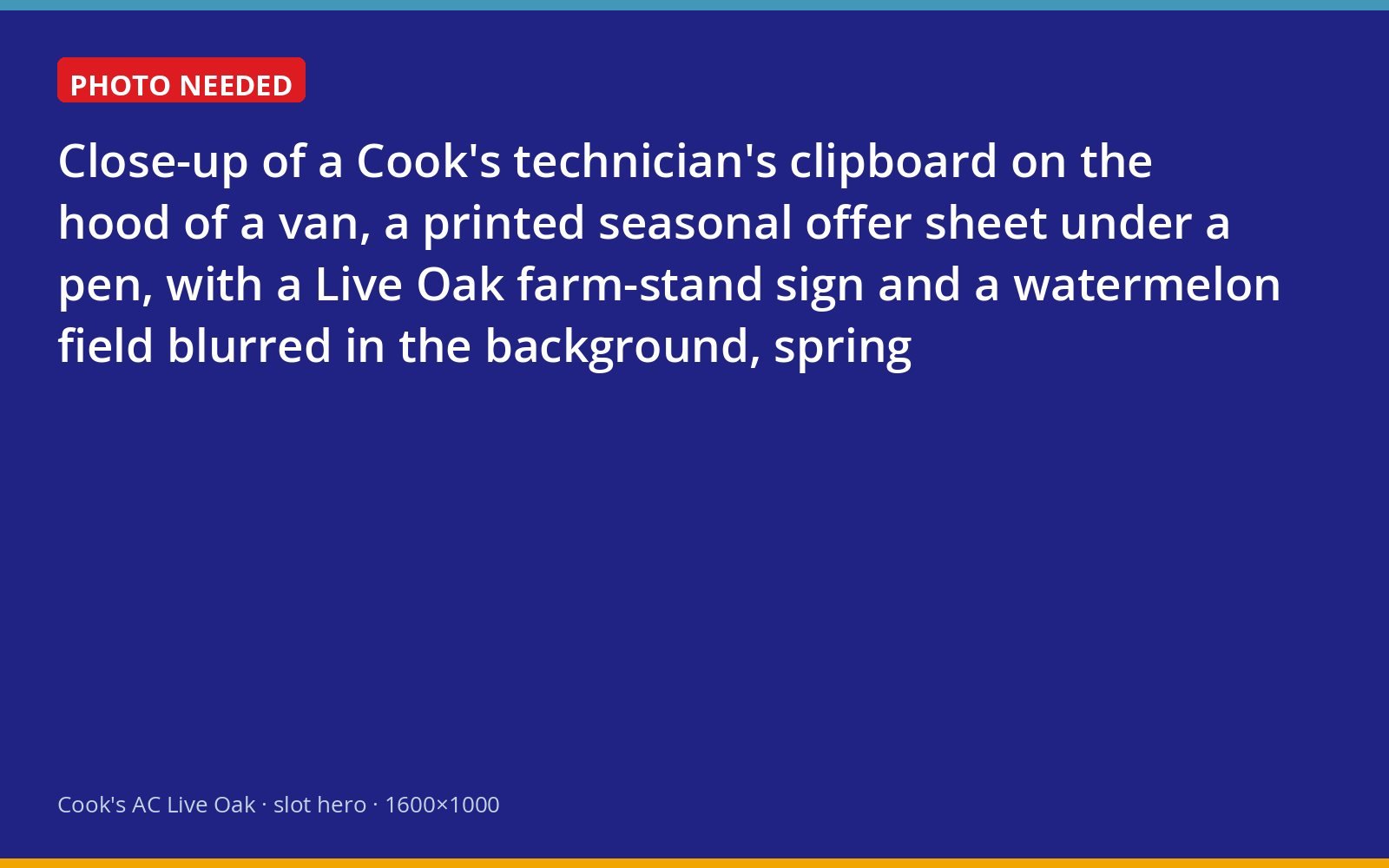 Printed Cook's seasonal offer on a clipboard beside a Live Oak farm field