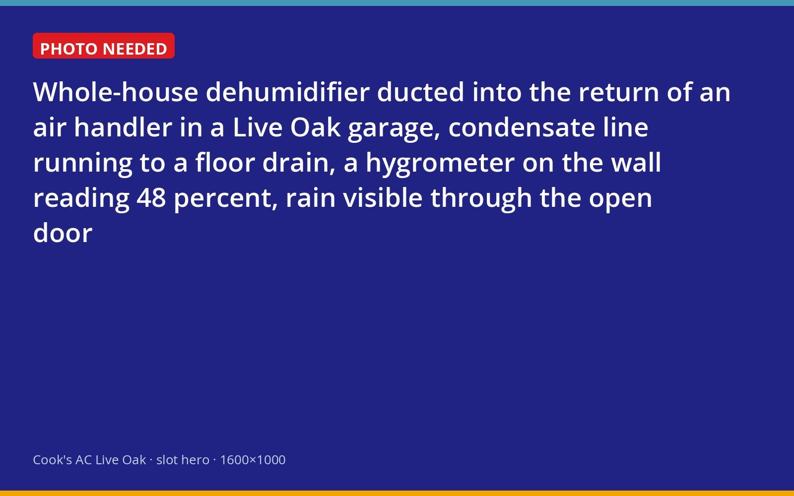 Whole-house dehumidifier connected to an air handler in a Live Oak garage during a summer rain