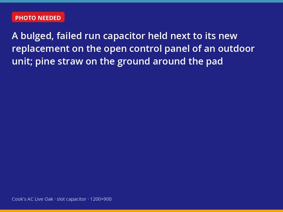 A swollen failed capacitor compared with a new one at a Suwannee County air conditioner