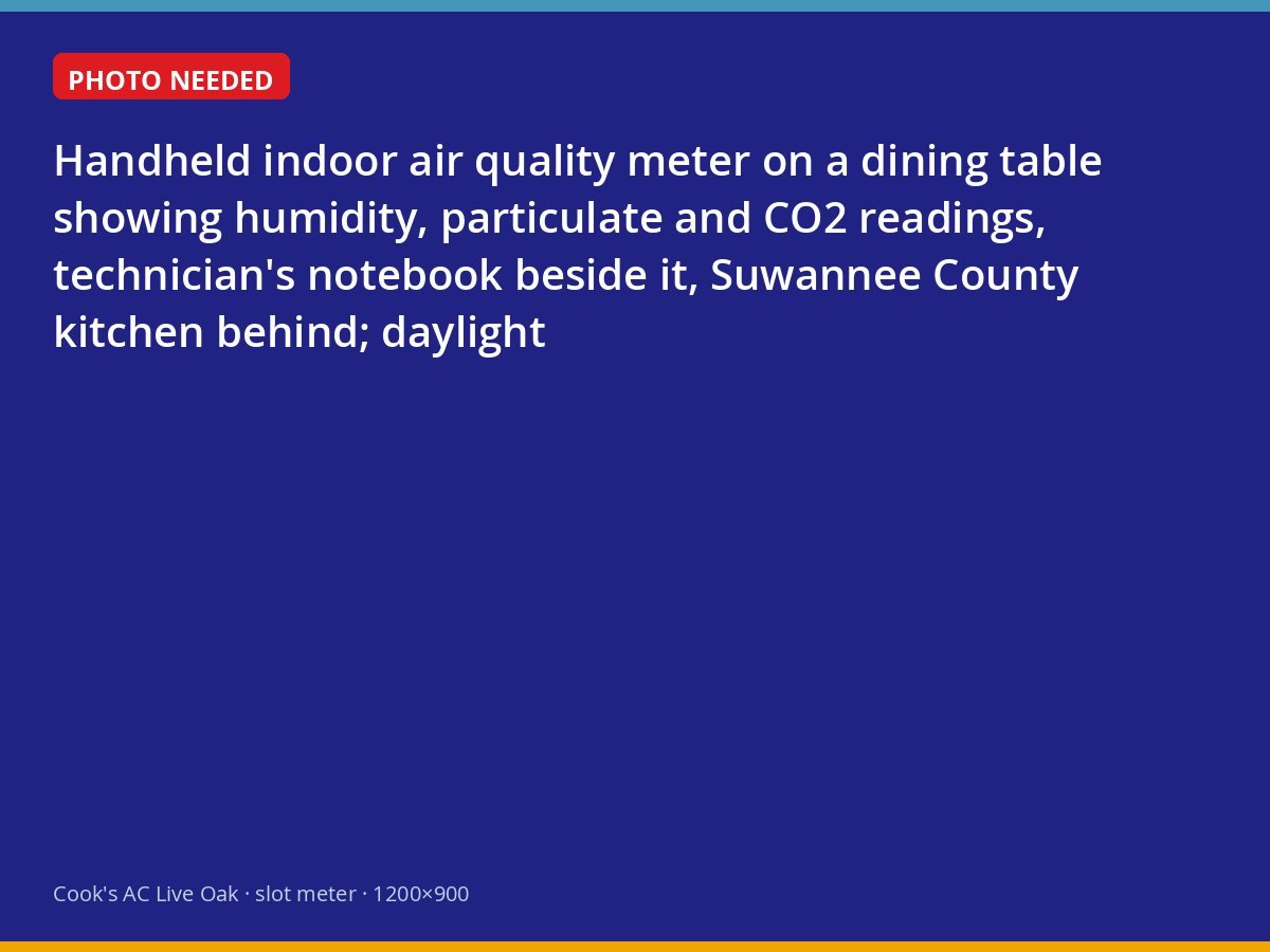 Indoor air quality meter readings on a dining table in a Live Oak home